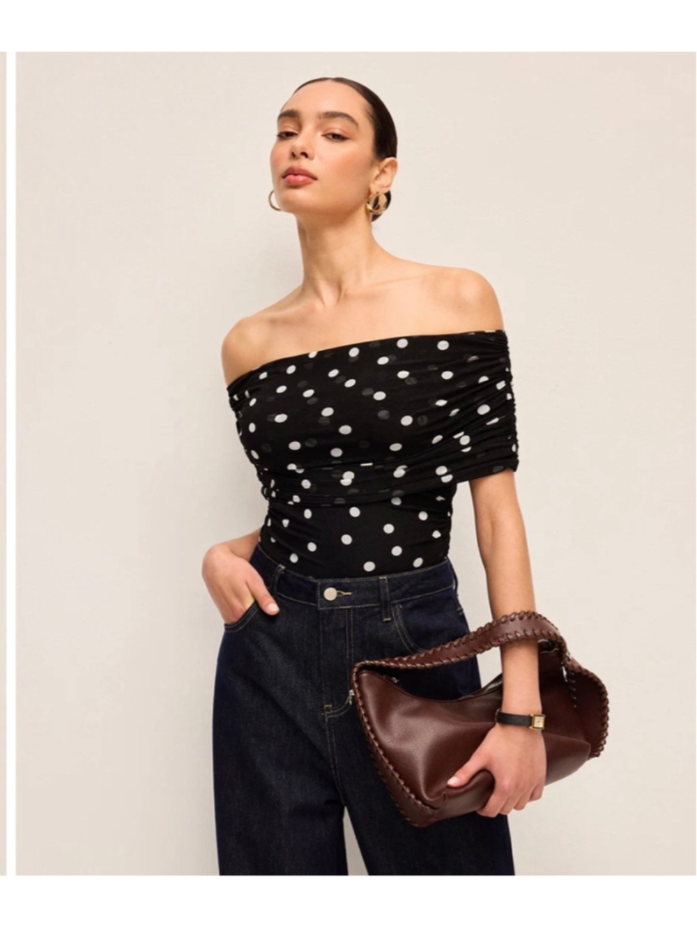 Commense Polka Dot Off-Shoulder Bodysuit Size S Going Out Minimalist Glam